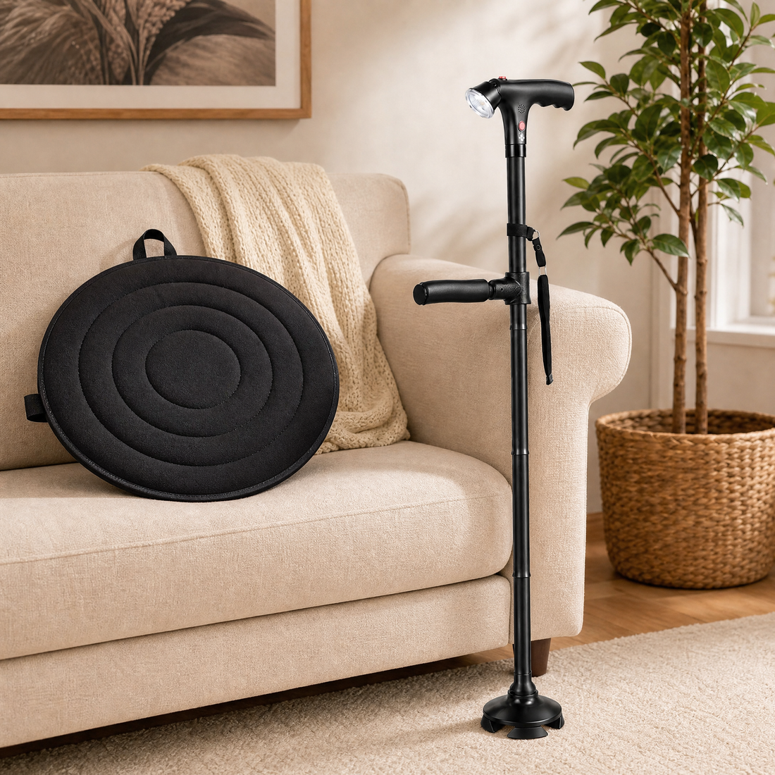 Pack Confort Serenivas : la canne multifonction à quatre appuis et le coussin de siège rotatif 360°