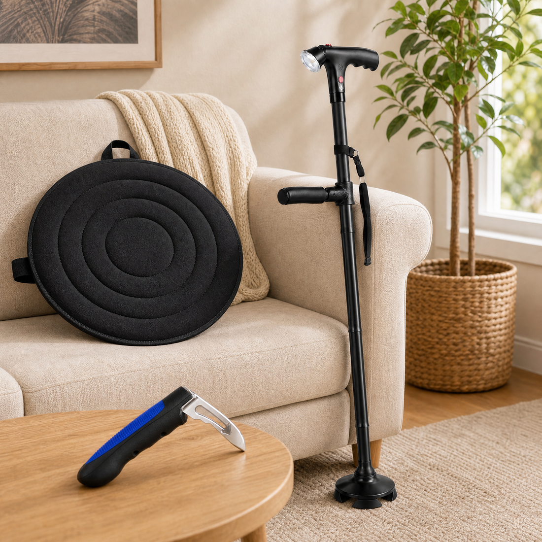Pack Sérénité Serenivas : la canne multifonction, le coussin de siège rotatif 360° et la poignée d'appui de portière