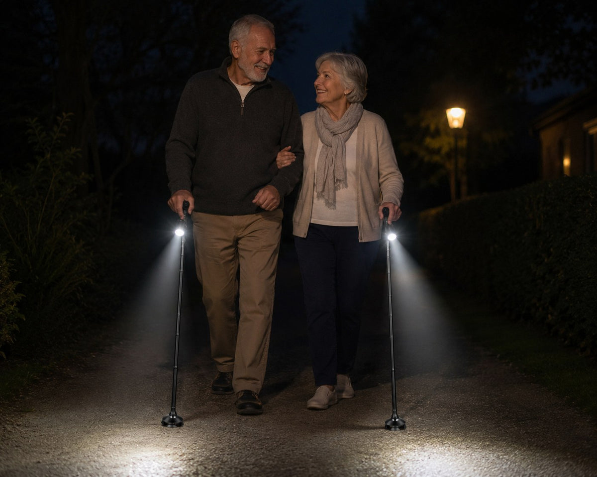 Couple marchant le soir, la lampe LED de la canne Serenivas éclairant le sol devant eux